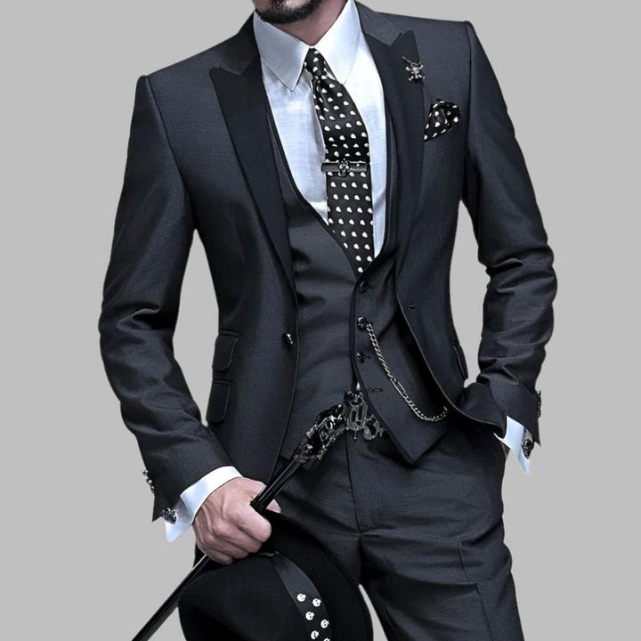 Men's Luxury Three-Piece Contrast-Lapel Wedding Suit Set - Black