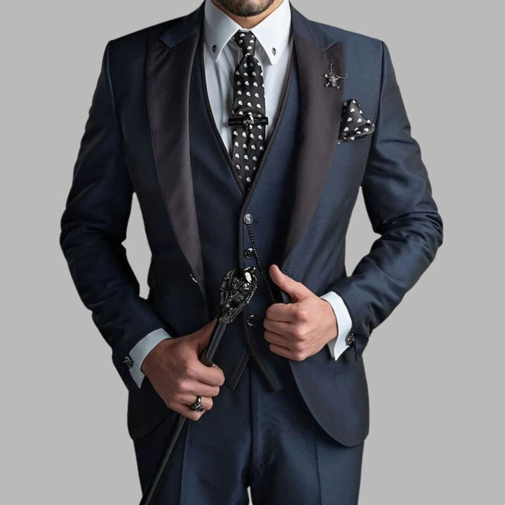 Men's Luxury Three-Piece Contrast-Lapel Wedding Suit Set - Navy Blue
