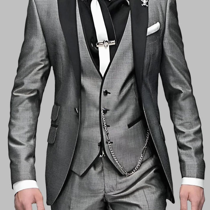 Men's Luxury Three-Piece Contrast-Lapel Wedding Suit Set - Grey