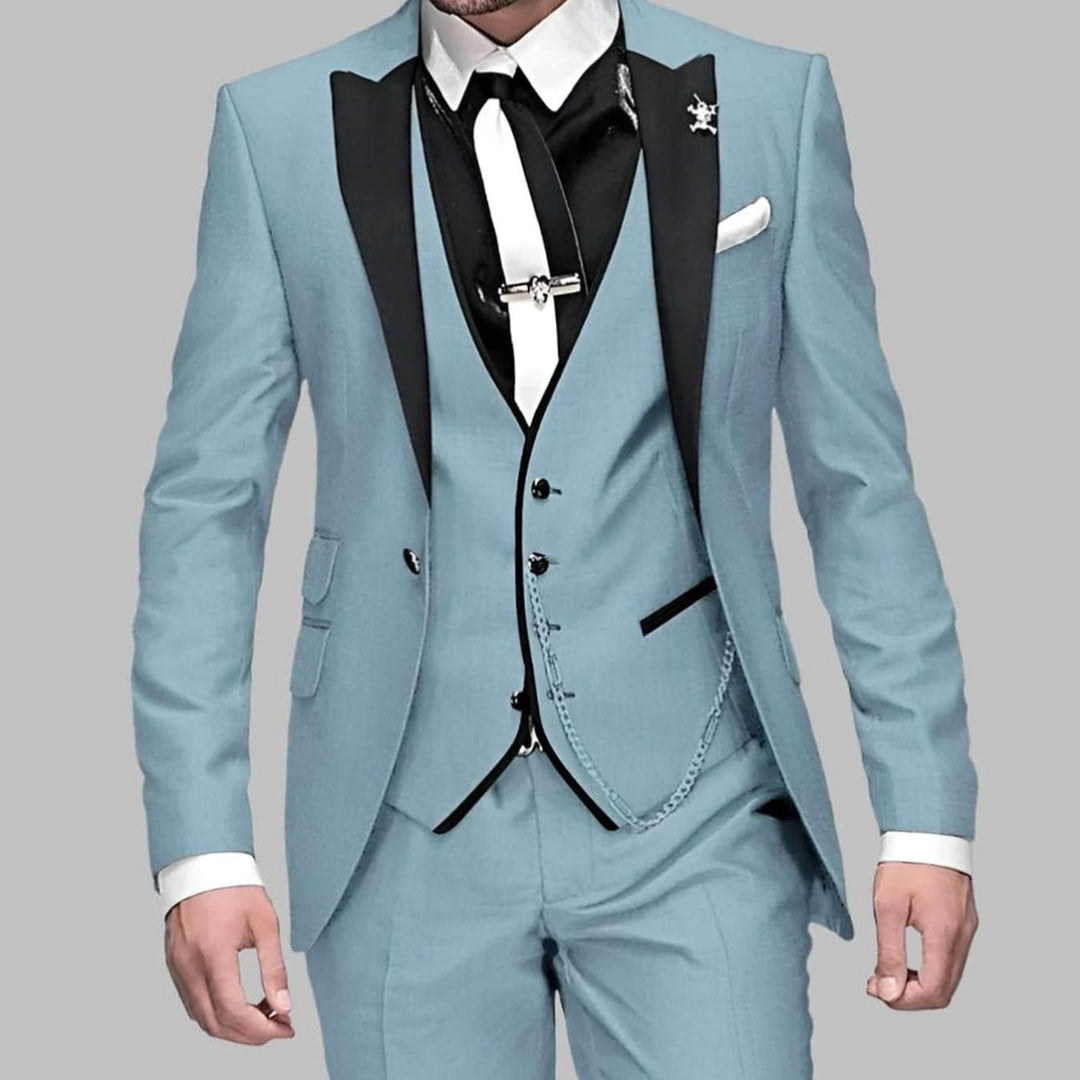 Men's Luxury Three-Piece Contrast-Lapel Wedding Suit Set - Light Blue