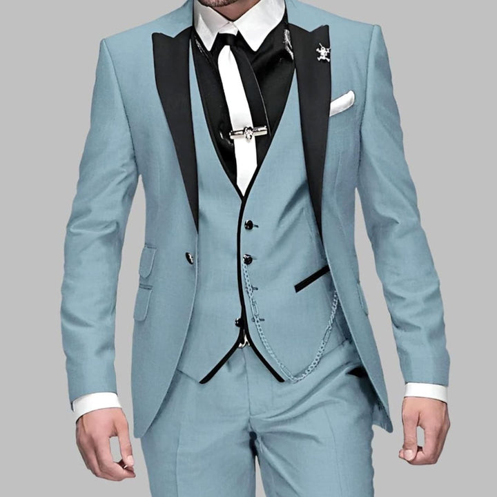 Men's Luxury Three-Piece Contrast-Lapel Wedding Suit Set - Light Blue