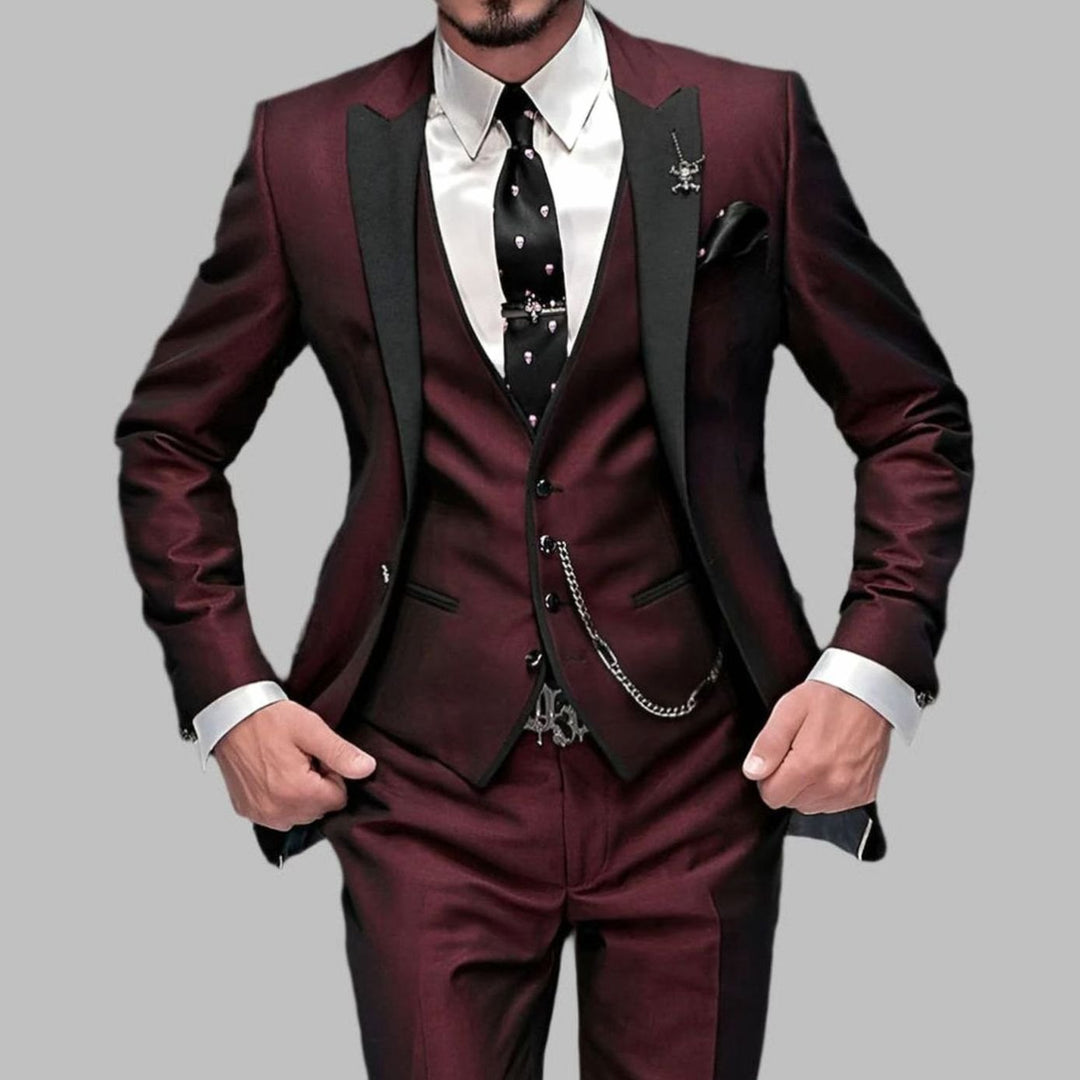 Men's Luxury Three-Piece Contrast-Lapel Wedding Suit Set - Burgundy Red