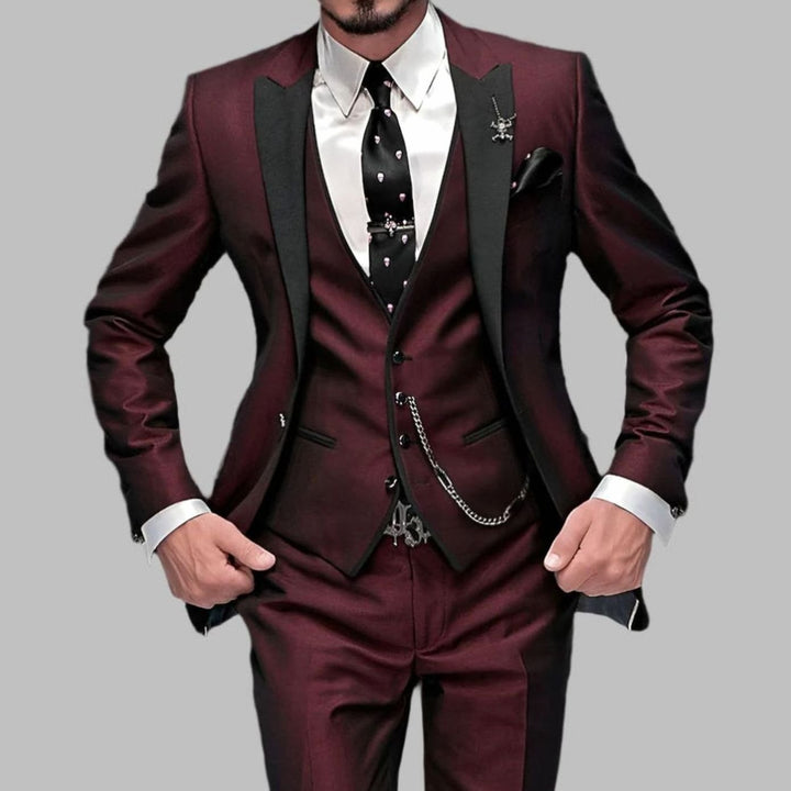 Men's Luxury Three-Piece Contrast-Lapel Wedding Suit Set - Burgundy Red