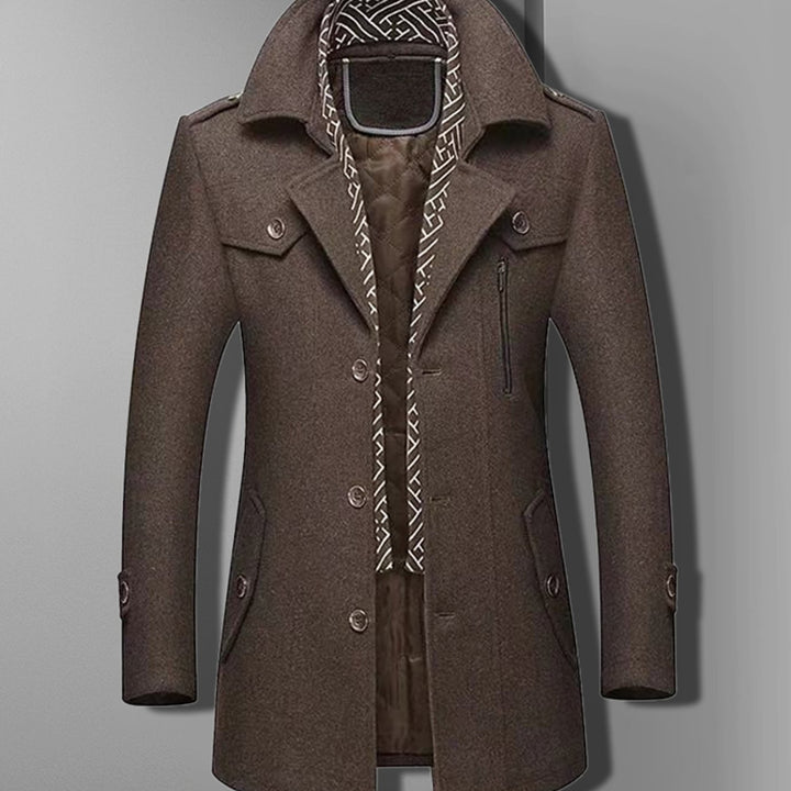 Men's Military-Inspired Double-Breasted Wool-Blend Style Overcoat - Brown