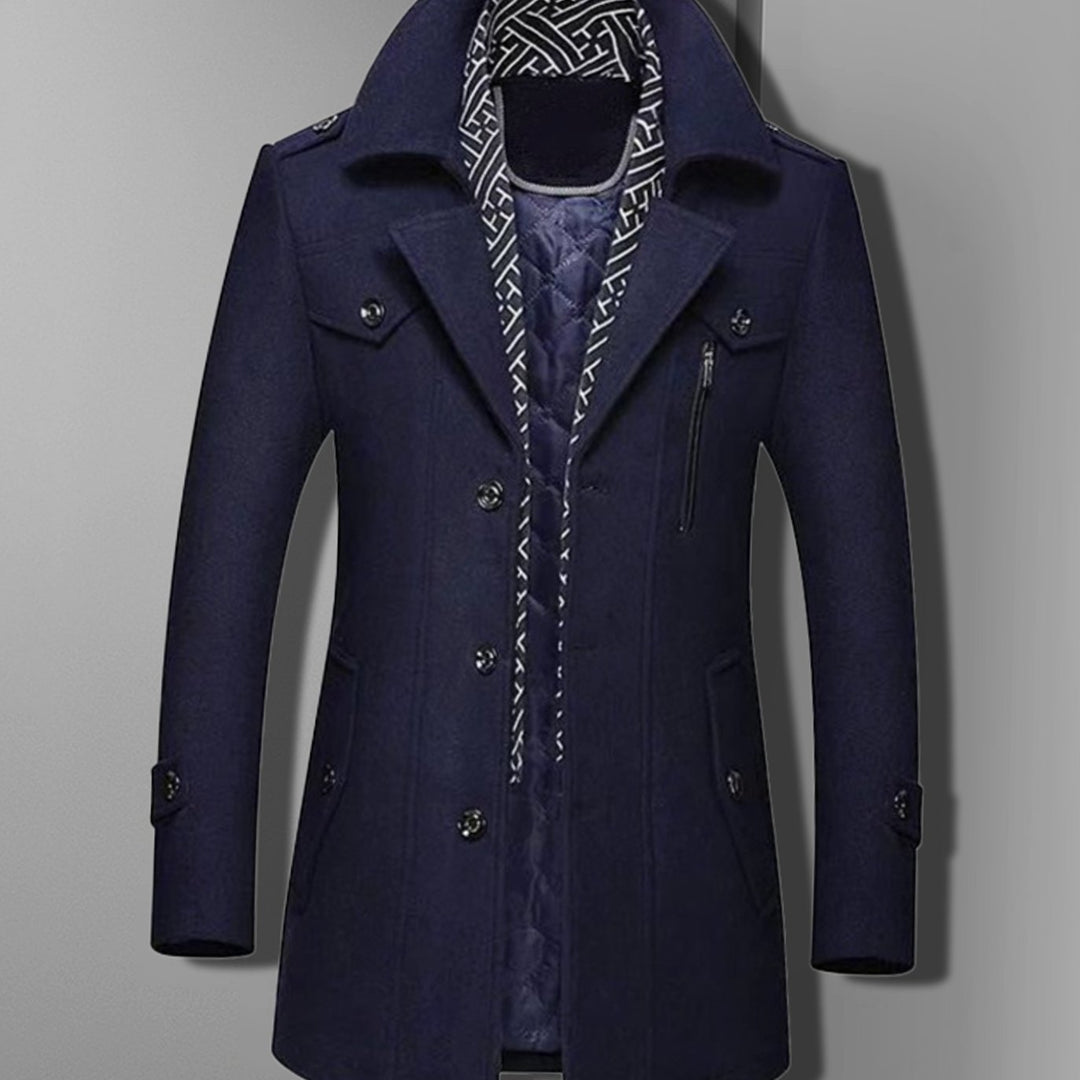 Men's Military-Inspired Double-Breasted Wool-Blend Style Overcoat - Blue