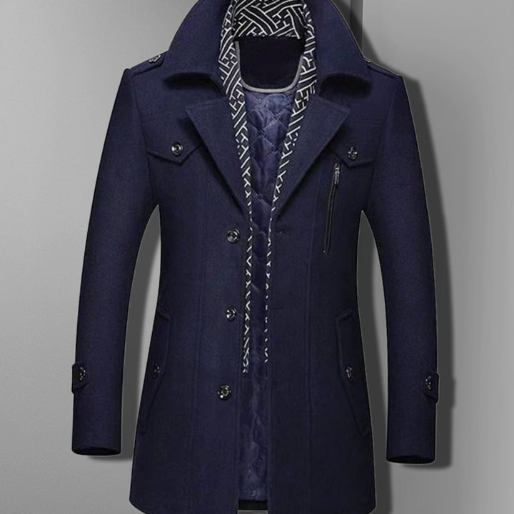 Men's Military-Inspired Double-Breasted Wool-Blend Style Overcoat - Blue