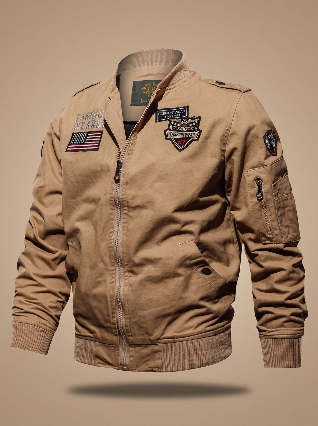Men's Military Patch Zip-Up Bomber Jacket - Khaki