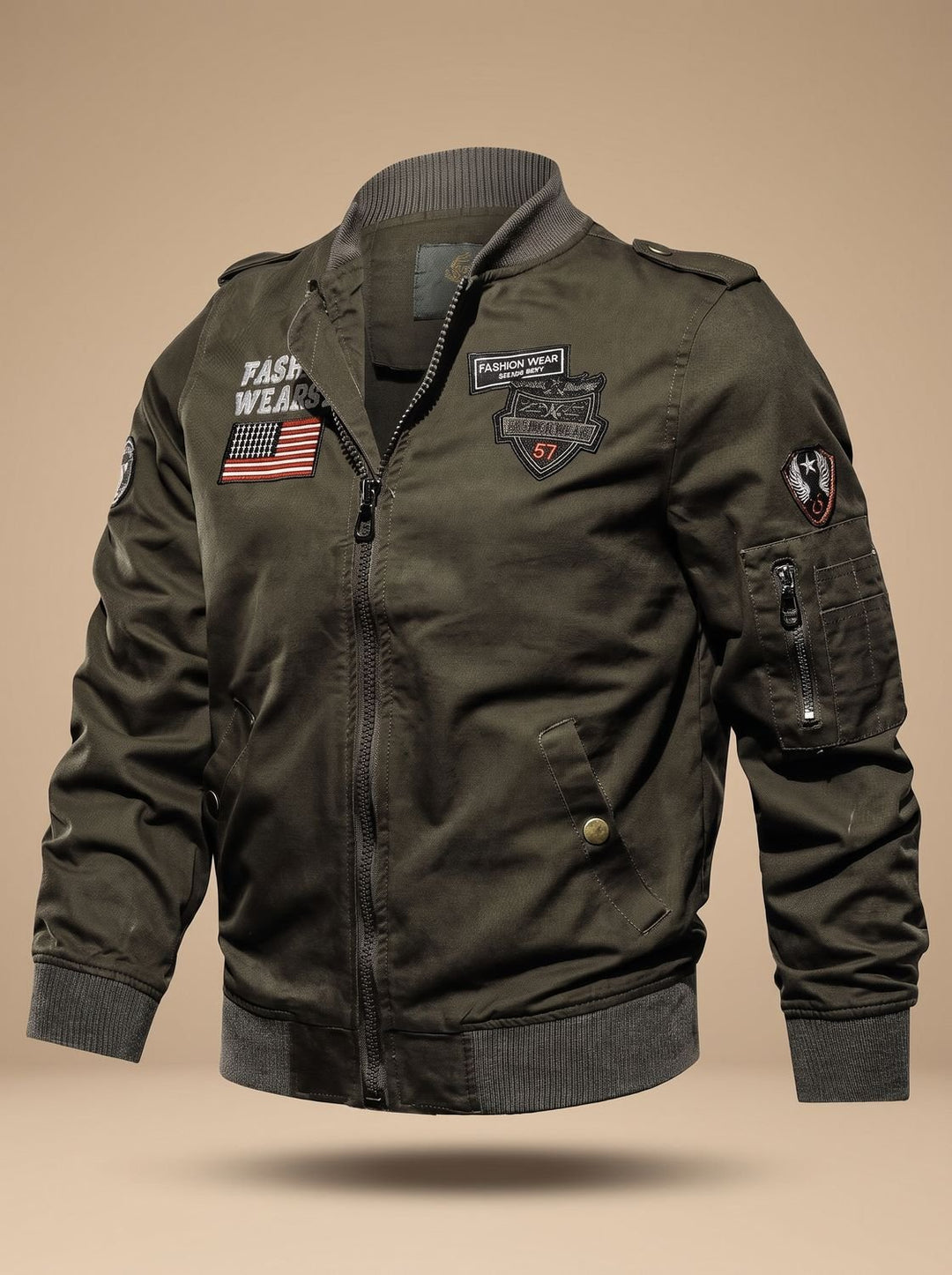Men's Military Patch Zip-Up Bomber Jacket - Green