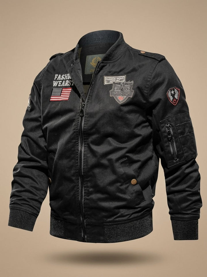 Men's Military Patch Zip-Up Bomber Jacket - Black