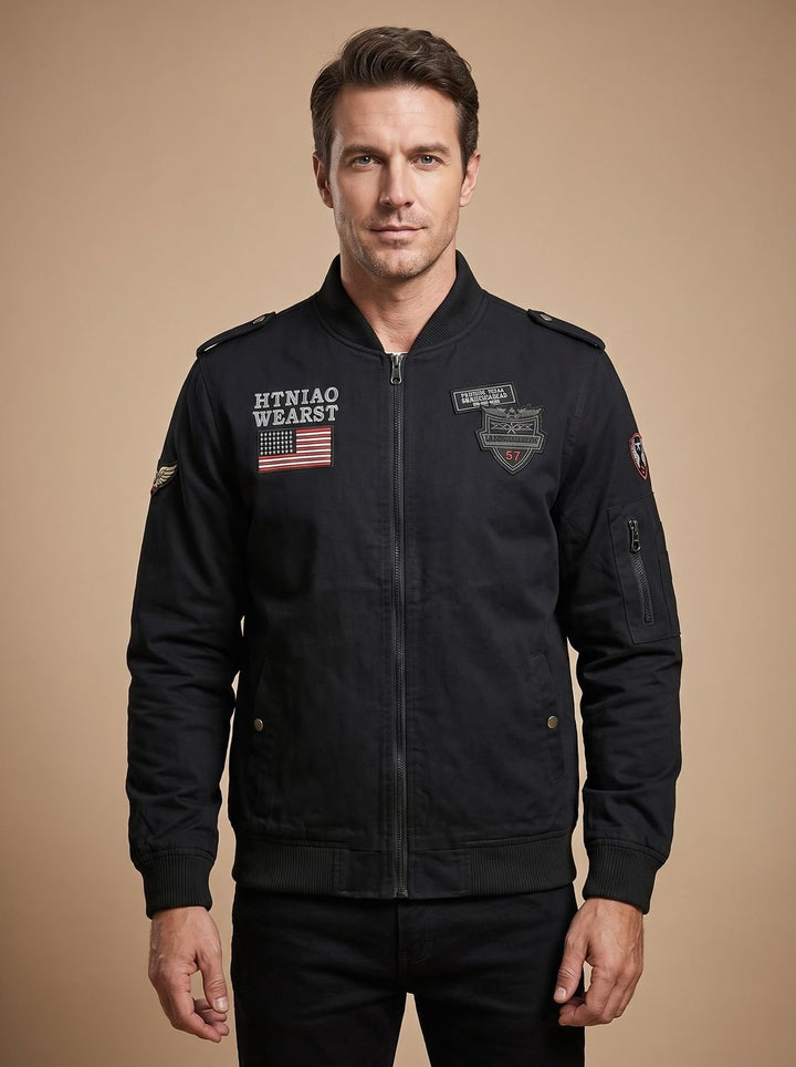 Men's Military Patch Zip-Up Bomber Jacket