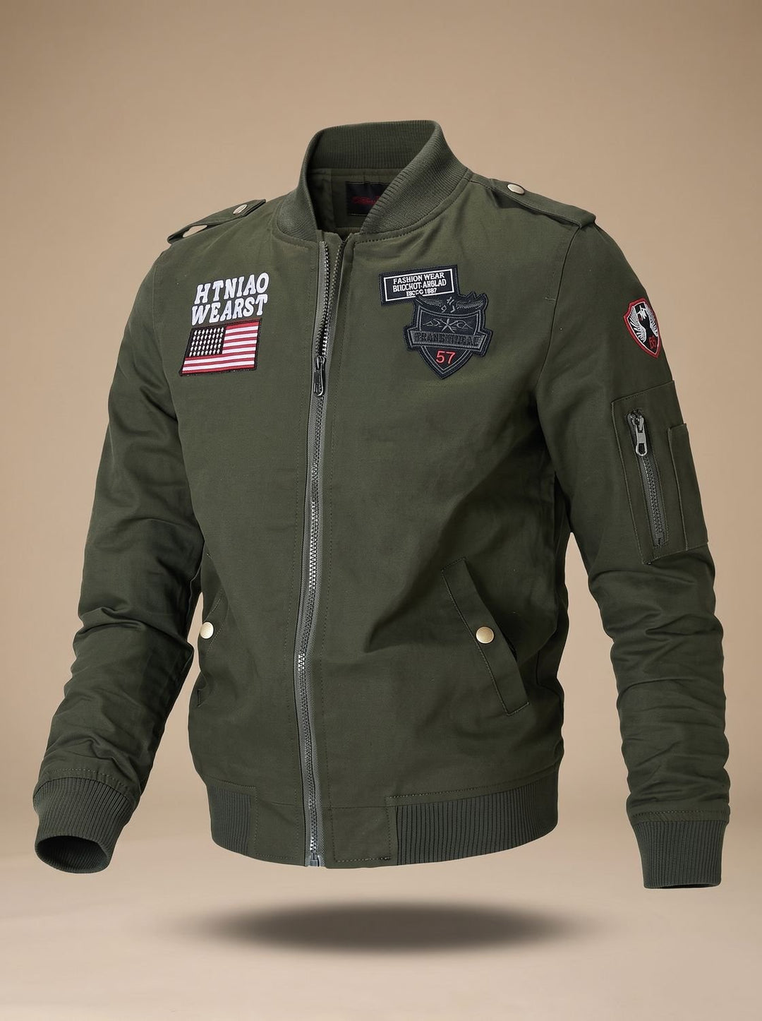 Men's Military Patch Zip-Up Bomber Jacket with Pockets