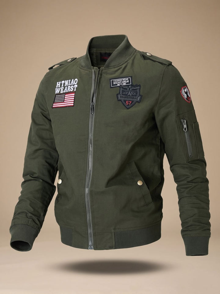 Men's Military Patch Zip-Up Bomber Jacket with Pockets