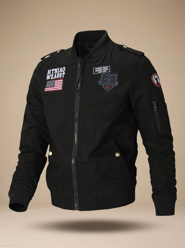 Men's Military Patch Zip-Up Bomber Jacket with Pockets