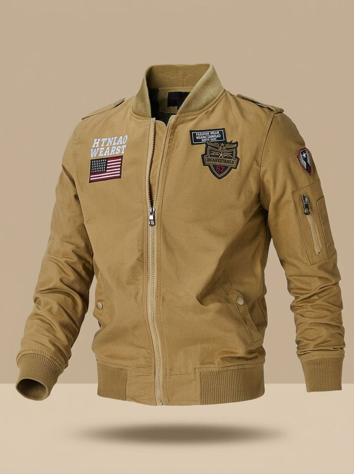 Men's Military Patch Zip-Up Bomber Jacket with Pockets