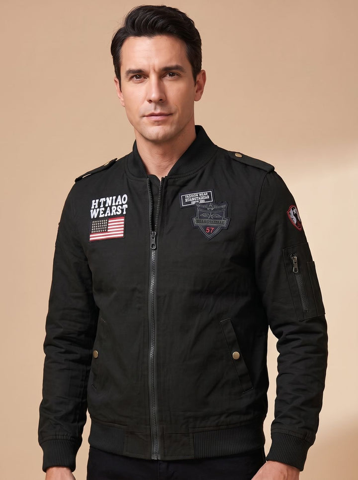 Men's Military Patch Zip-Up Bomber Jacket with Pockets - Black