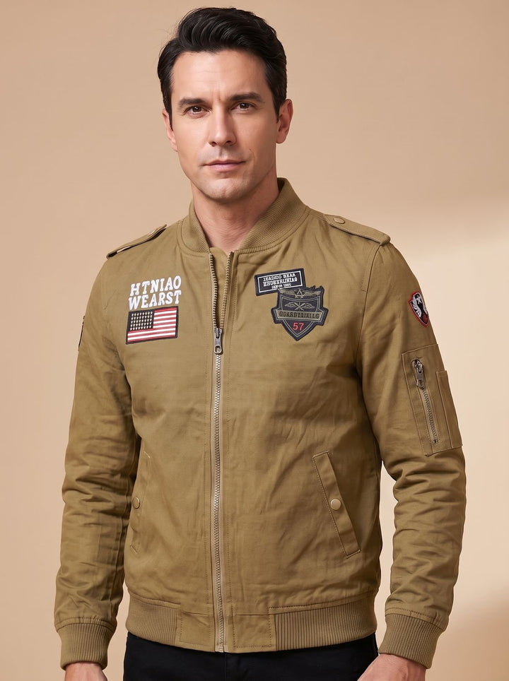 Men's Military Patch Zip-Up Bomber Jacket with Pockets - Dark Khaki