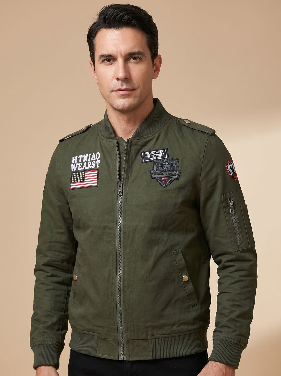 Men's Military Patch Zip-Up Bomber Jacket with Pockets - Dark Green