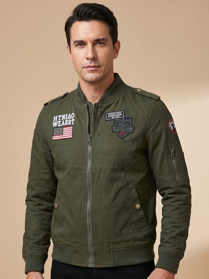 Men's Military Patch Zip-Up Bomber Jacket with Pockets - Dark Green