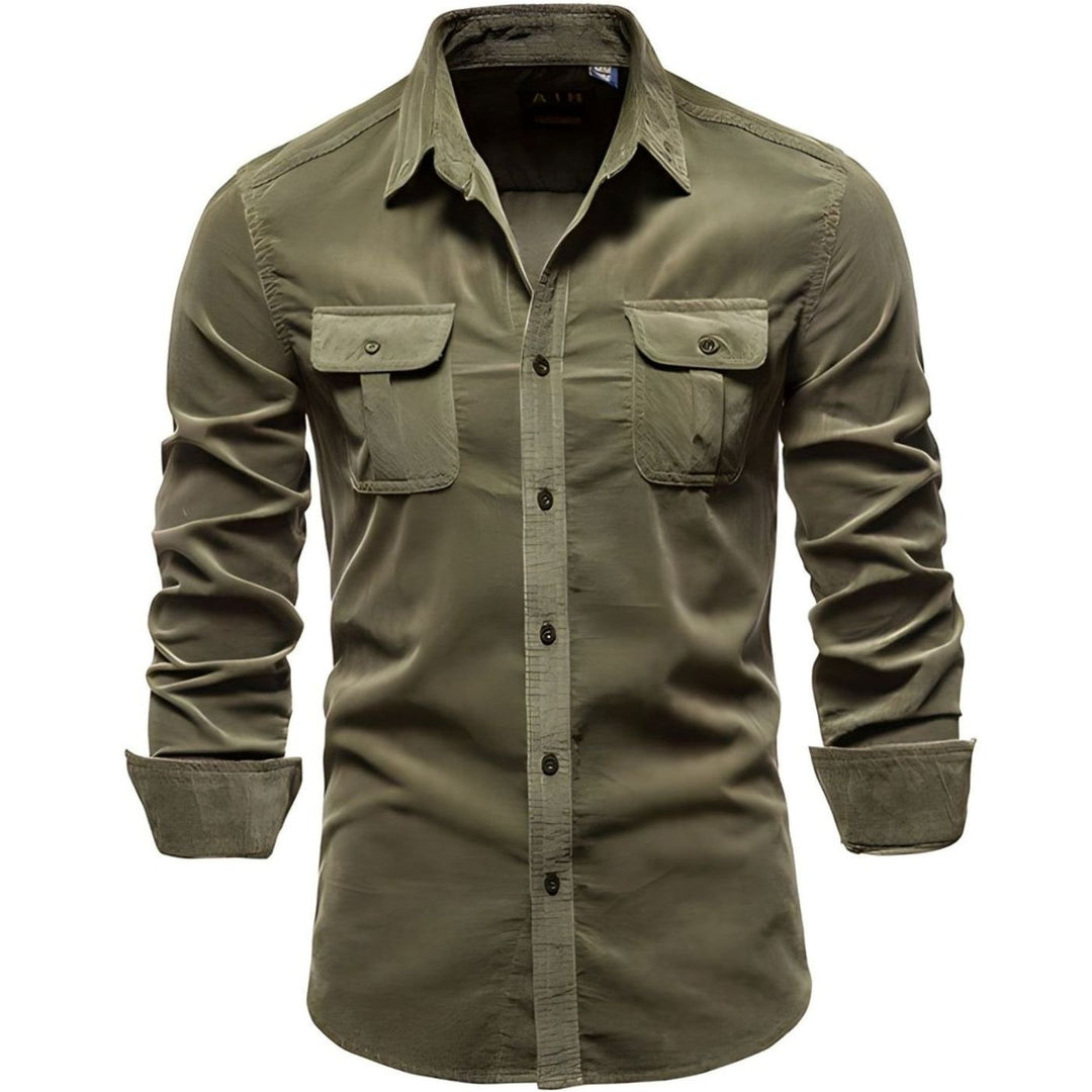 Men's Military-Style Dual-Pocket Long Sleeve Shirt - Army Green