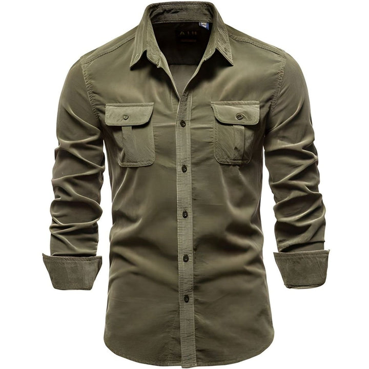 Men's Military-Style Dual-Pocket Long Sleeve Shirt - Army Green