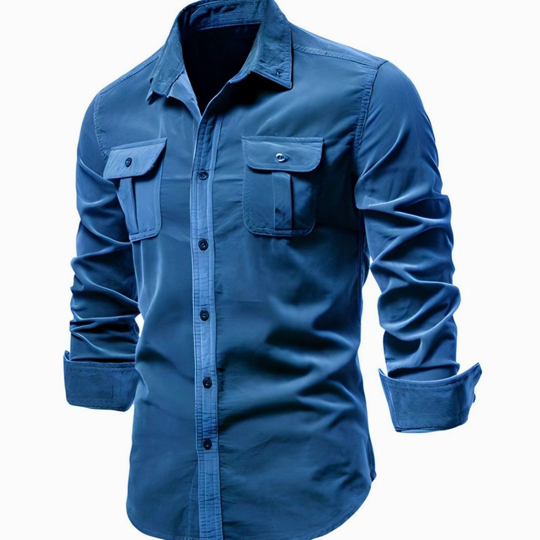 Men's Military-Style Dual-Pocket Long Sleeve Shirt - Blue