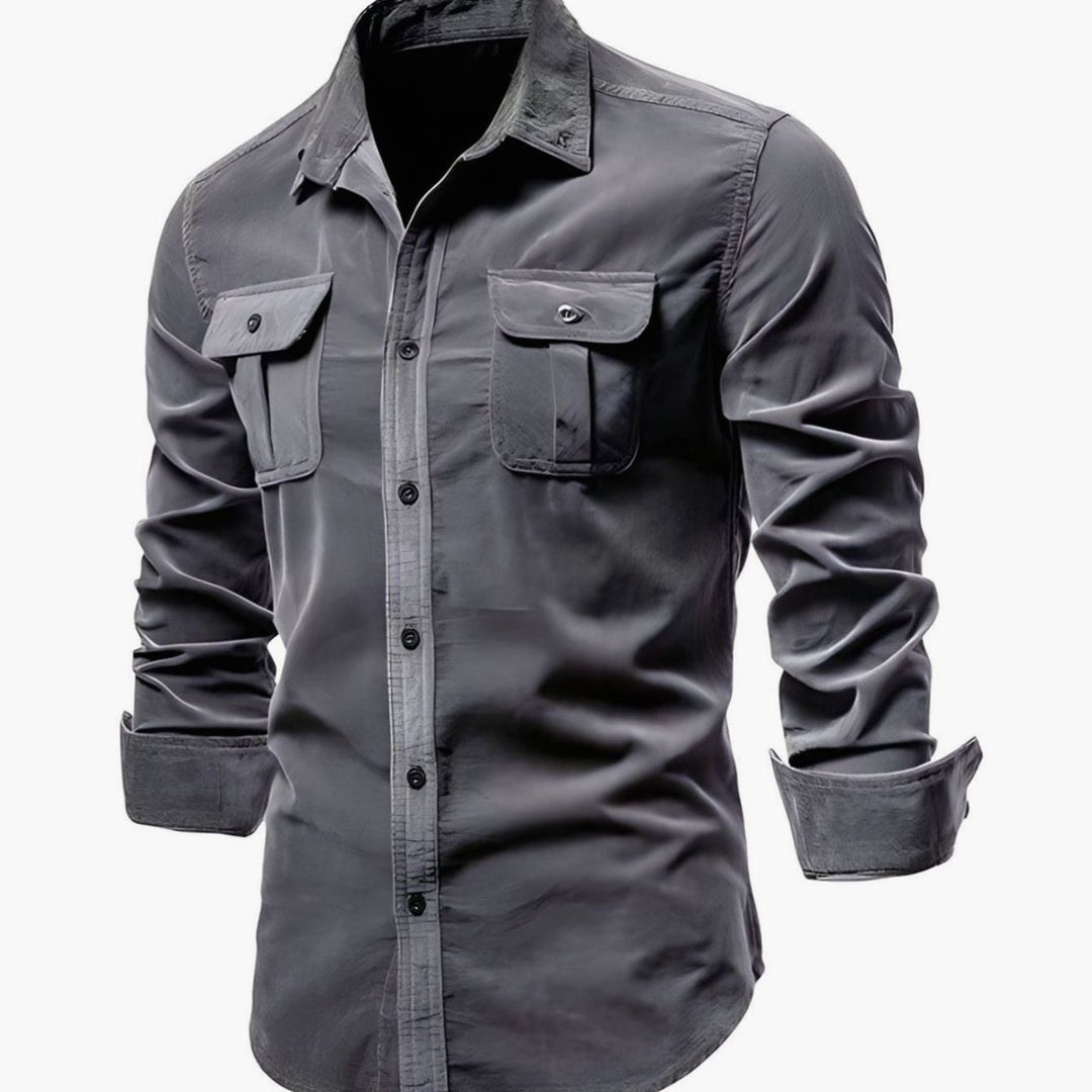 Men's Military-Style Dual-Pocket Long Sleeve Shirt - Dark Grey