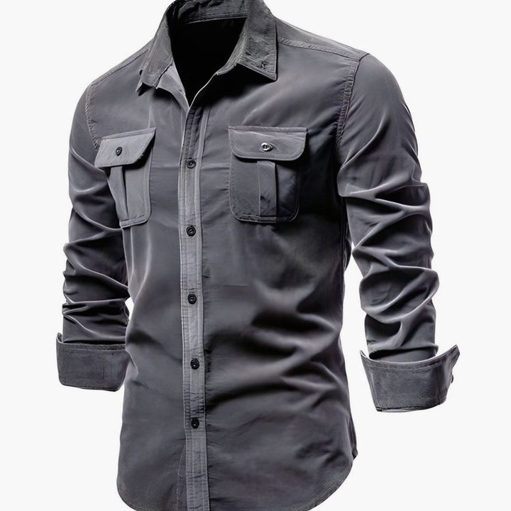 Men's Military-Style Dual-Pocket Long Sleeve Shirt - Dark Grey