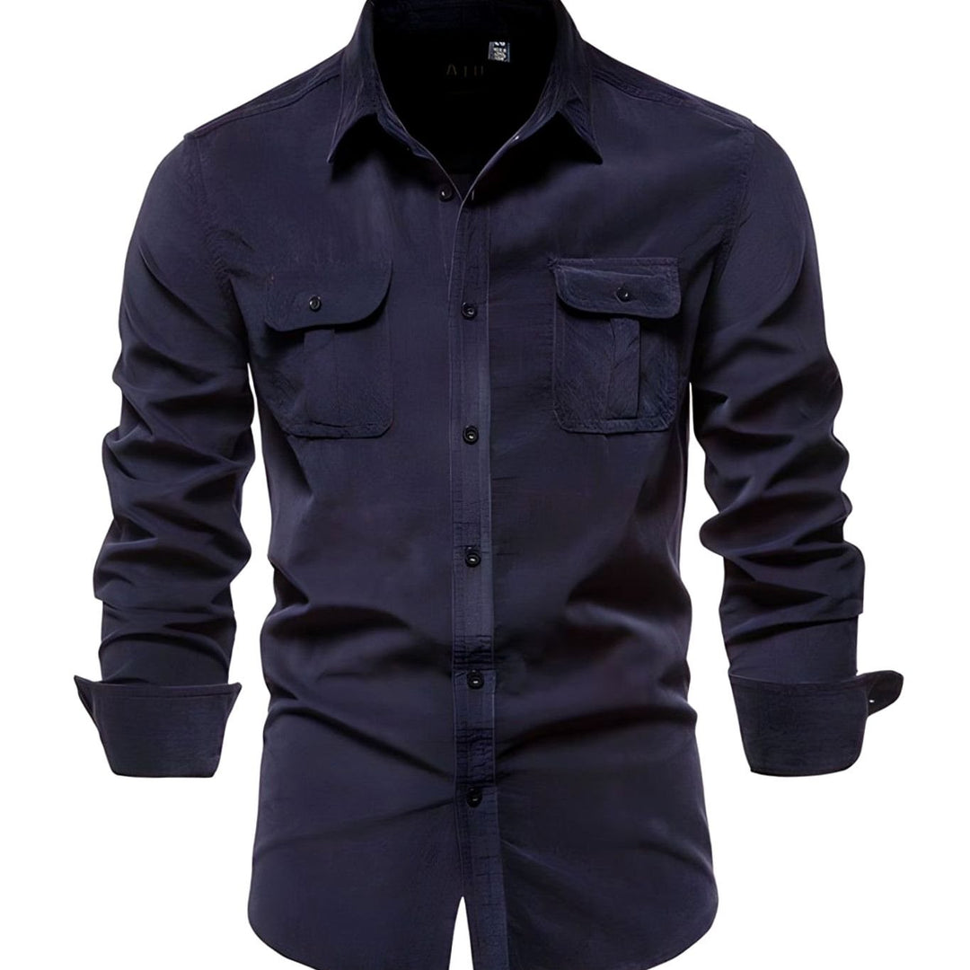 Men's Military-Style Dual-Pocket Long Sleeve Shirt - Navy Blue