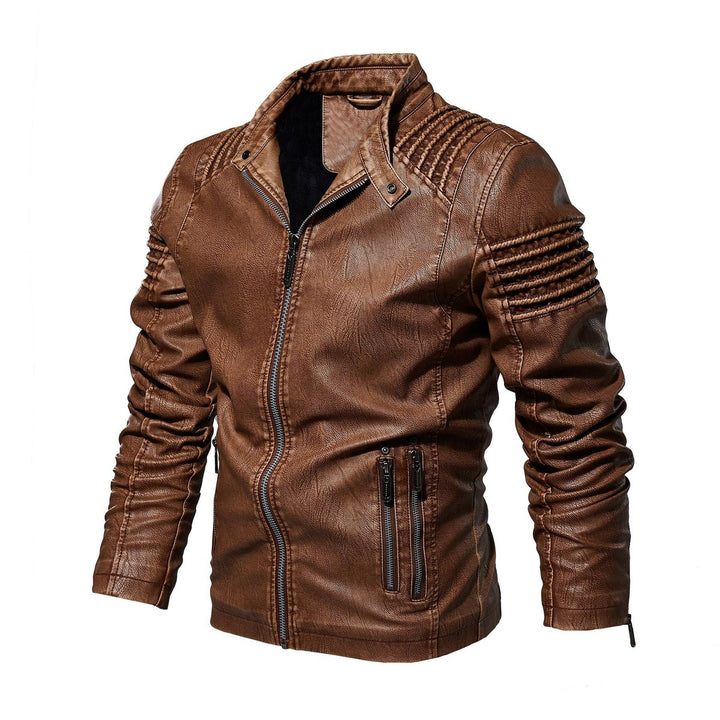 Men's Moto-Style Faux Leather Jacket Ribbed Shoulder Detail