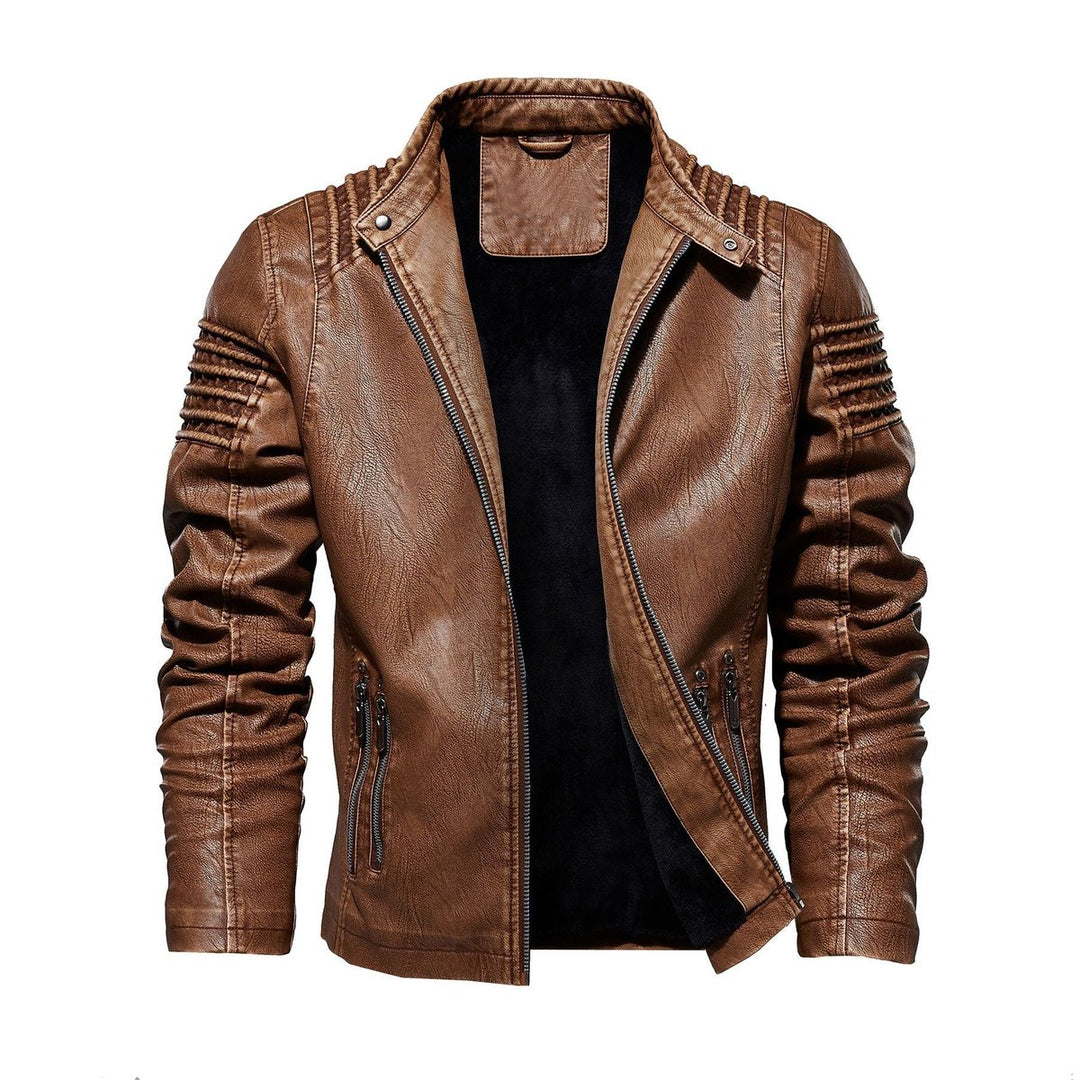 Men's Moto-Style Faux Leather Jacket Ribbed Shoulder Detail