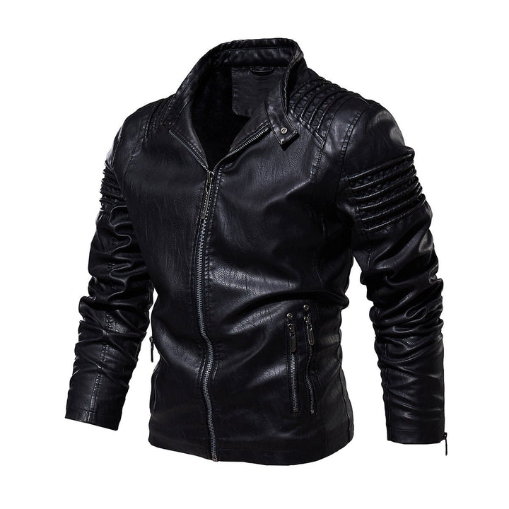 Men's Moto-Style Faux Leather Jacket Ribbed Shoulder Detail - Black