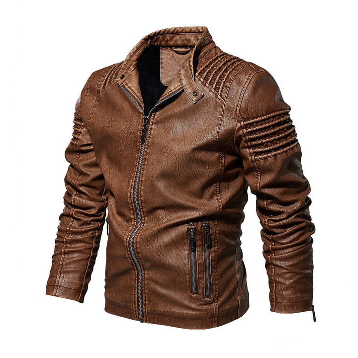 Men's Moto-Style Faux Leather Jacket Ribbed Shoulder Detail - Khaki
