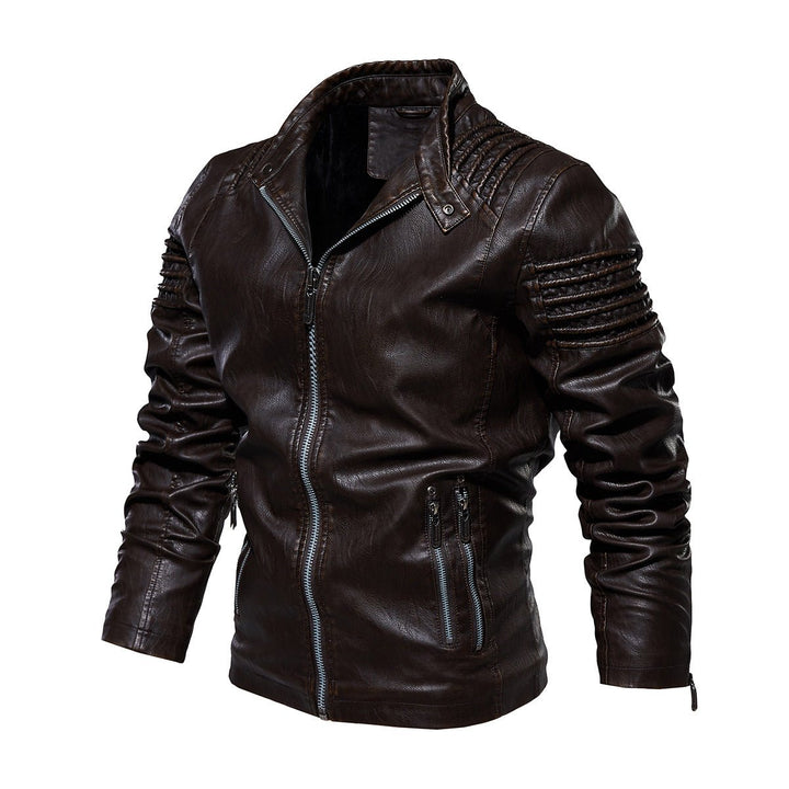 Men's Moto-Style Faux Leather Jacket Ribbed Shoulder Detail - Brown