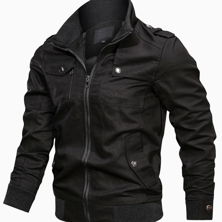 Men's Multi-Pocket Military-Style Zip-Up Bomber Jacket - Black