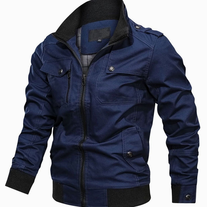 Men's Multi-Pocket Military-Style Zip-Up Bomber Jacket - Dark Blue