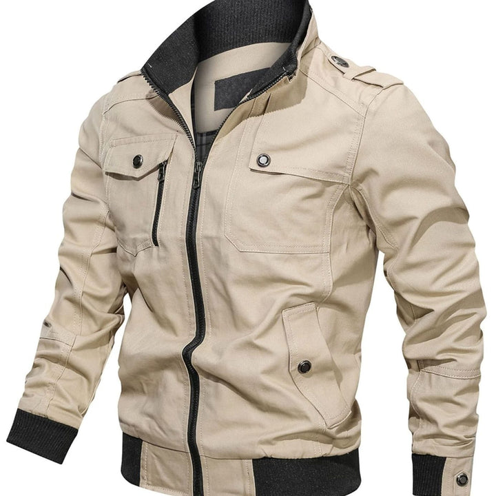 Men's Multi-Pocket Military-Style Zip-Up Bomber Jacket - Light Khaki