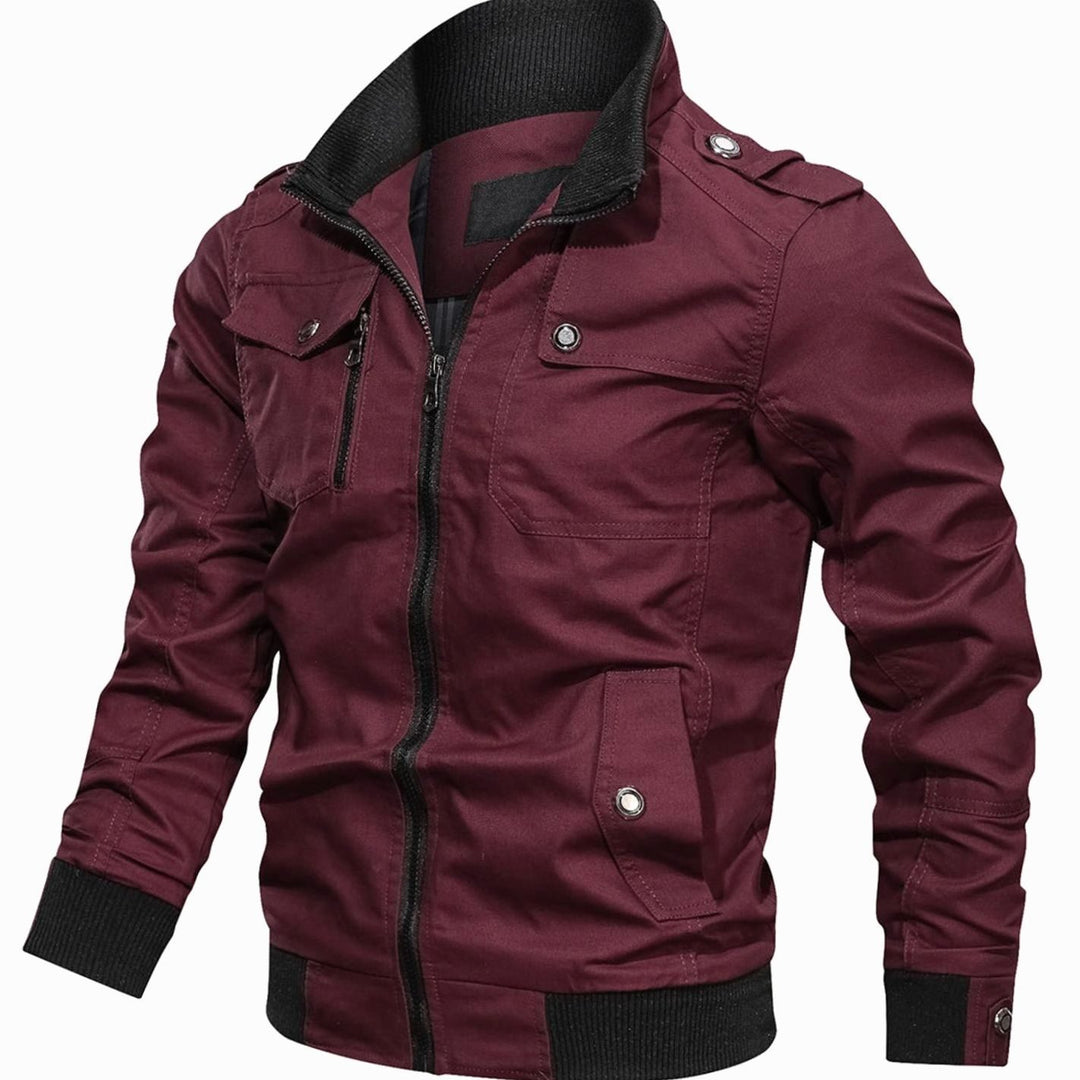 Men's Multi-Pocket Military-Style Zip-Up Bomber Jacket - Burgundy
