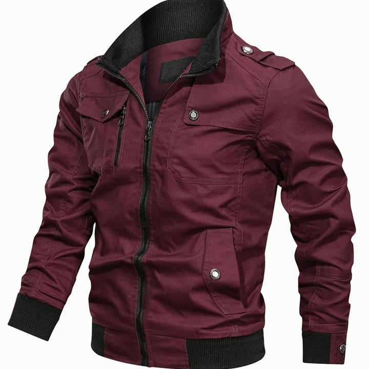 Men's Multi-Pocket Military-Style Zip-Up Bomber Jacket - Burgundy