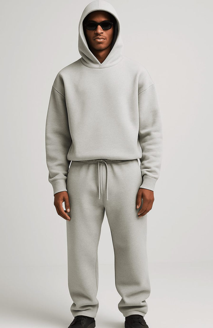 Men's Oversized Fleece Hoodie Jogger Tracksuit Set - Light Gray
