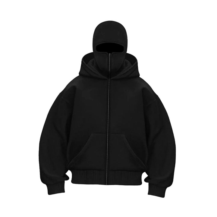 Men's Oversized Full-Zip Balaclava Hoodie Jacket - Black