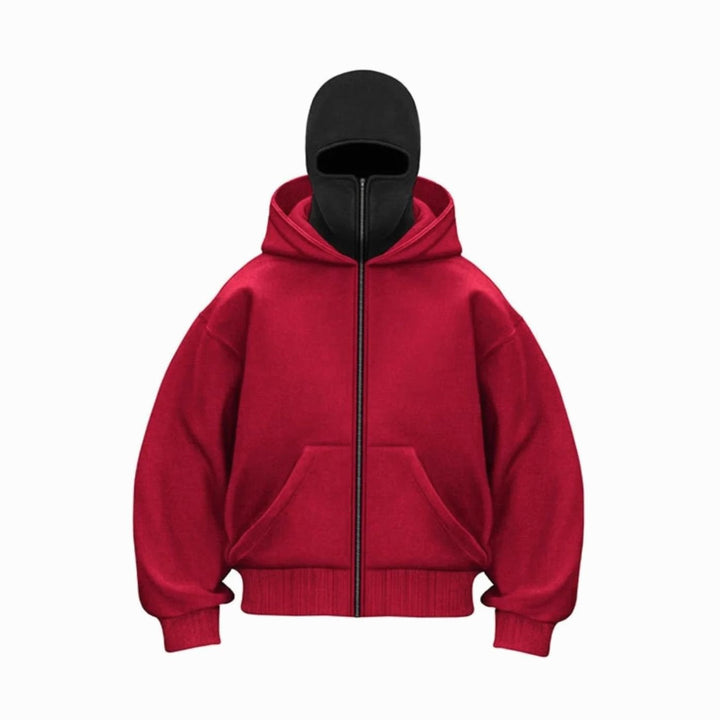 Men's Oversized Full-Zip Balaclava Hoodie Jacket - Red