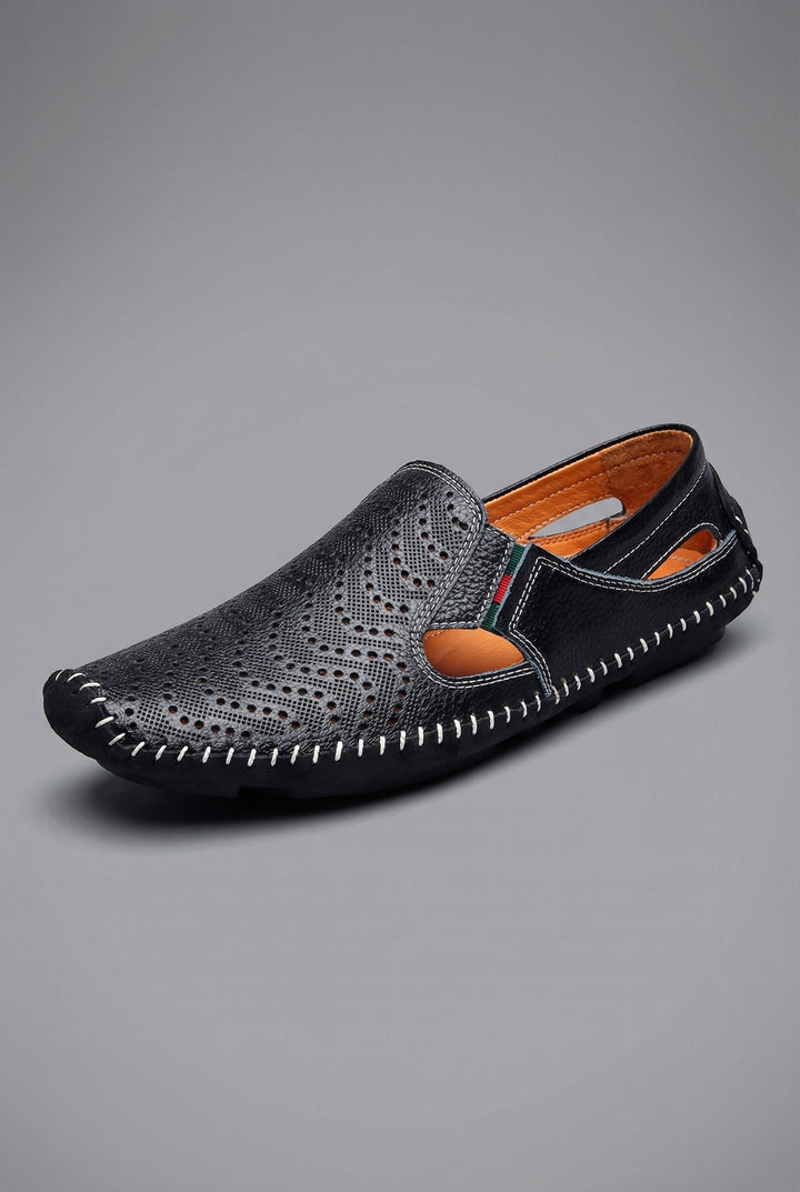 Men's Perforated Slip-On Breathable Summer Driving Loafers - Black