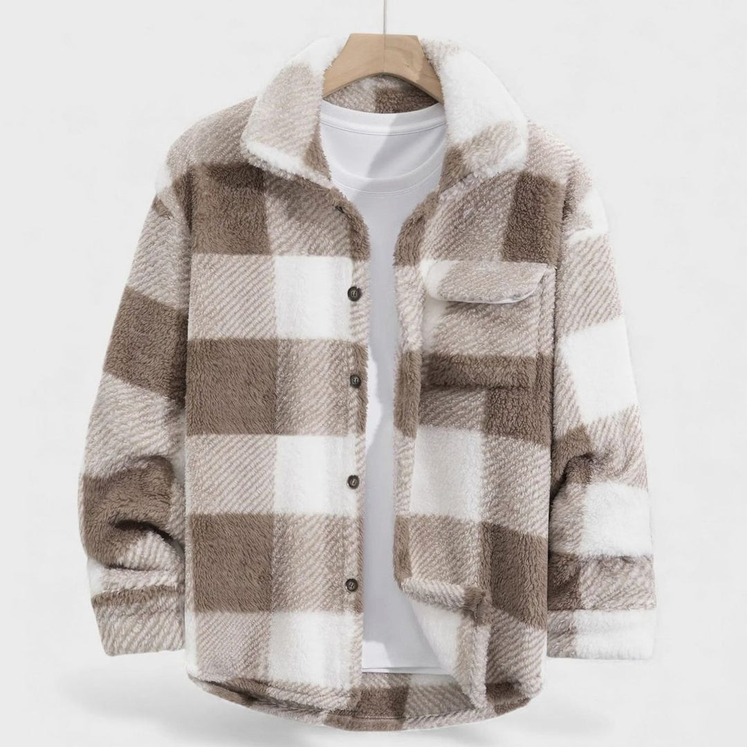 Men's Plaid Fleece Shacket Button-Front Shirt Jacket - Brown