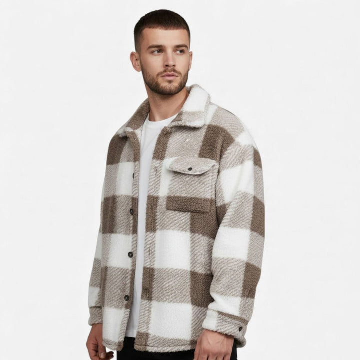Men's Plaid Fleece Shacket Button-Front Shirt Jacket