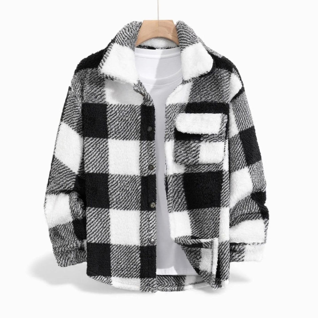 Men's Plaid Fleece Shacket Button-Front Shirt Jacket - Black