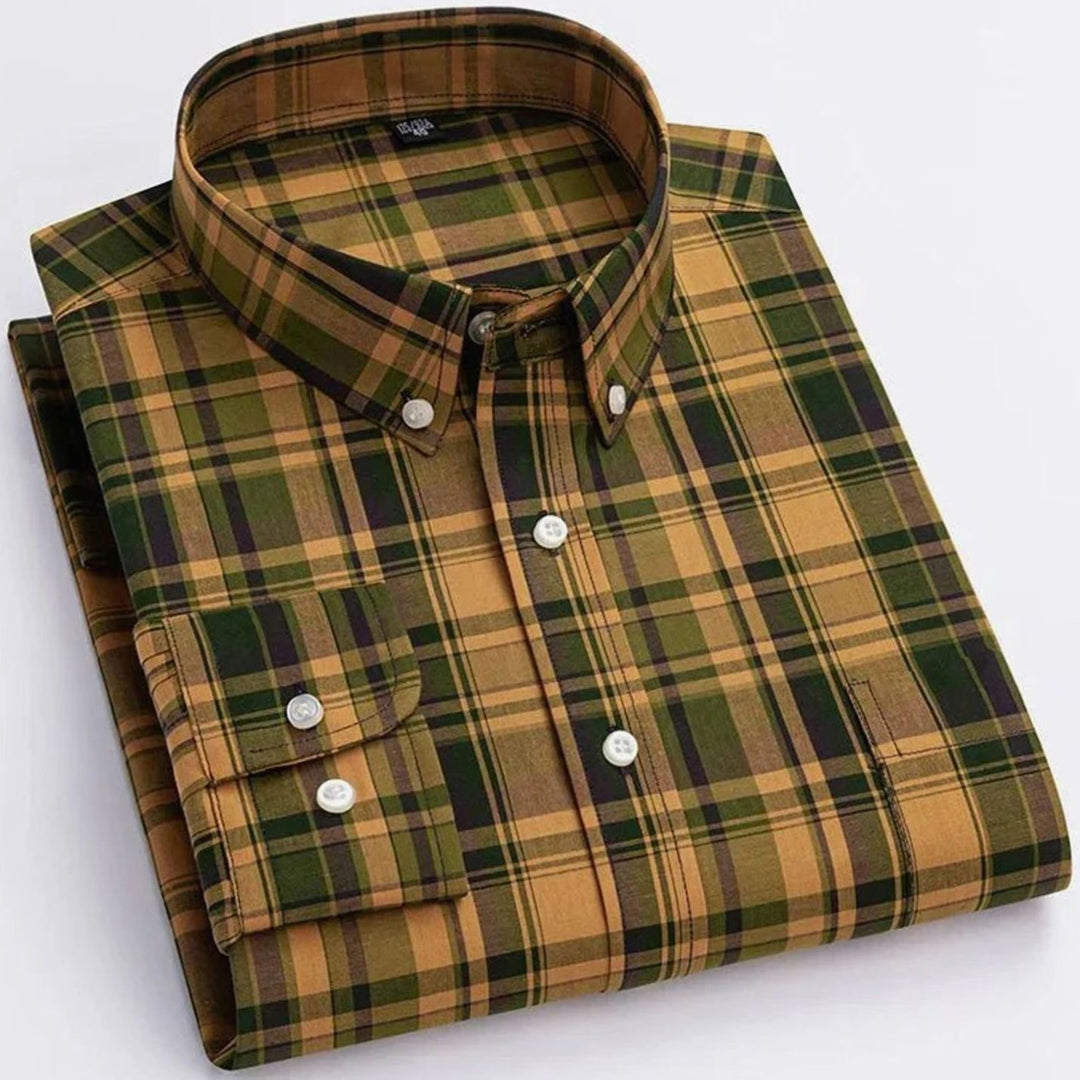 Men's Plaid Long-Sleeve Button-Down Shirt - Brown