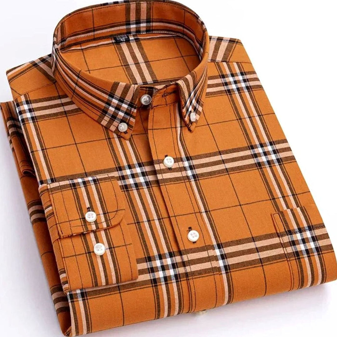 Men's Plaid Long-Sleeve Button-Down Shirt - Orange