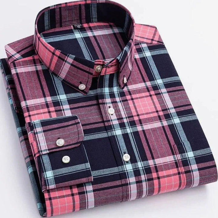 Men's Plaid Long-Sleeve Button-Down Shirt - Pink