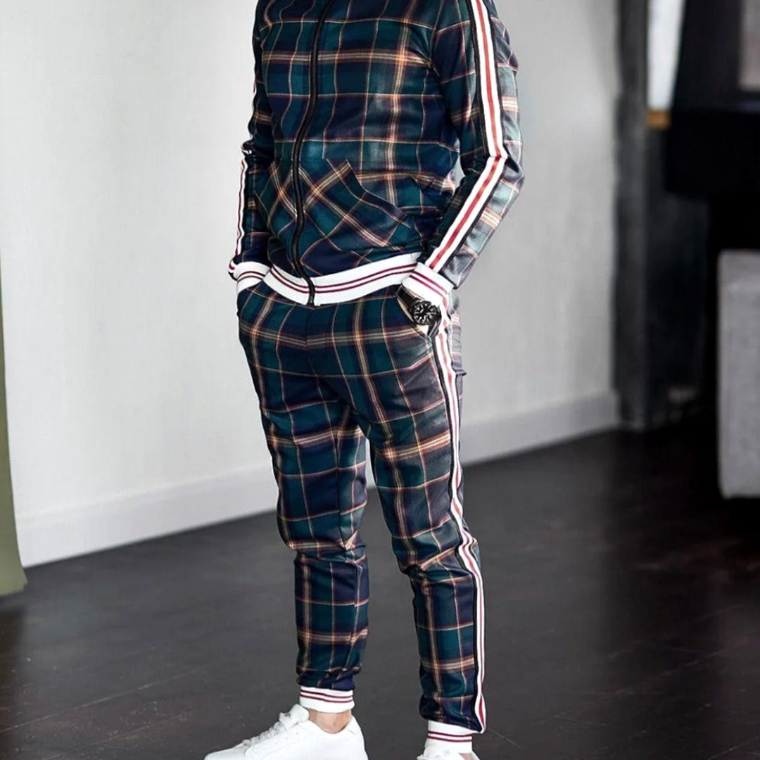 Men's Plaid Two-Piece Zip-Up Jogging Tracksuit Stripe-Accent Set - Green