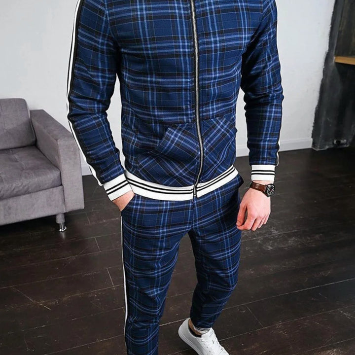 Men's Plaid Two-Piece Zip-Up Jogging Tracksuit Stripe-Accent Set - Blue